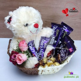 Valentine's Day Teddy Full with Chocolates and Flowers Valentine's Day Teddy Full with Chocolates and Flowers
