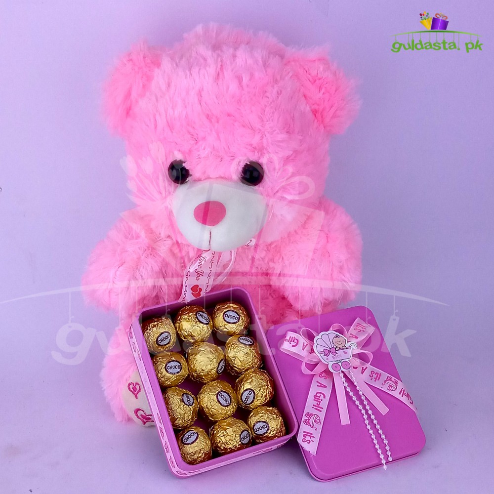 Teddy Bear with Chocolate for Baby Girl  