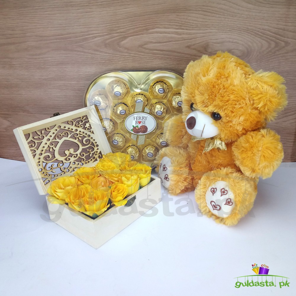 Passionate Yellow Roses and Chocolates Box