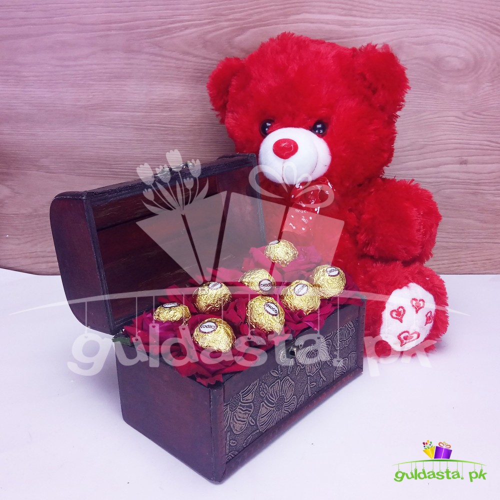 Teddy with Roses Box & Chocolate Balls
