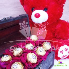 Valentine's Day Teddy with Roses Box & Chocolate Balls