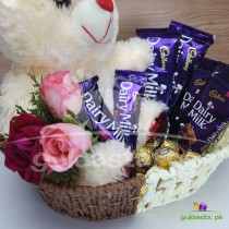 Teddy Full with Chocolates and Flowers