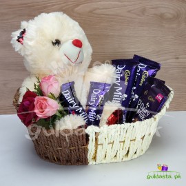Teddy Full with Chocolates and Flowers