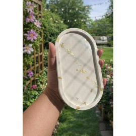 CONCRETE Handmade Decorative Tray Shell Shape White Multipurpose Jewelry Organizer Cosmetic Candle Tray Home Decor (Gold Rectangle in White)
