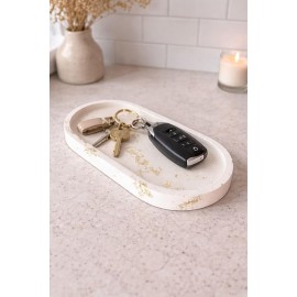 CONCRETE Handmade Decorative Tray Shell Shape White Multipurpose Jewelry Organizer Cosmetic Candle Tray Home Decor (Gold Rectangle in White)