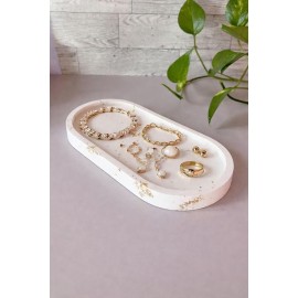 CONCRETE Handmade Decorative Tray Shell Shape White Multipurpose Jewelry Organizer Cosmetic Candle Tray Home Decor (Gold Rectangle in White)