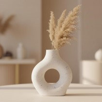Handmade Concrete Doughnut Vase, Modern Minimalist Nordic Style, Round Hollow Sculptural Boho Centrepiece for Home Decor, Shelf and Table (White with Purple, Medium 15x14 cm)