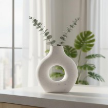 Handmade Concrete Doughnut Vase, Modern Minimalist Nordic Style, Round Hollow Sculptural Boho Centrepiece for Home Decor, Shelf and Table (White with Purple, Medium 15x14 cm)