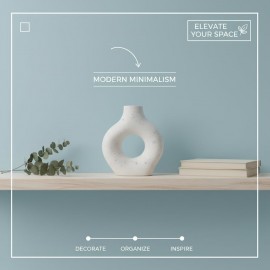 Handmade Concrete Doughnut Vase, Modern Minimalist Nordic Style, Round Hollow Sculptural Boho Centrepiece for Home Decor, Shelf and Table (White with Purple, Medium 15x14 cm)