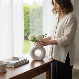 Handmade Concrete Doughnut Vase, Modern Minimalist Nordic Style, Round Hollow Sculptural Boho Centrepiece for Home Decor, Shelf and Table (White with Purple, Medium 15x14 cm)